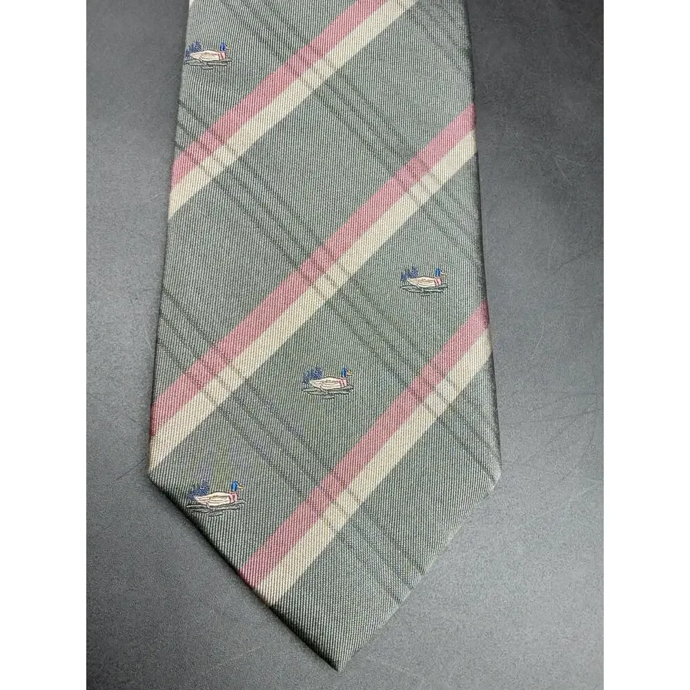 Vintage Stonehenge Silk Tie Mallard Duck Stripe Gray Pink 56” Novelty Necktie